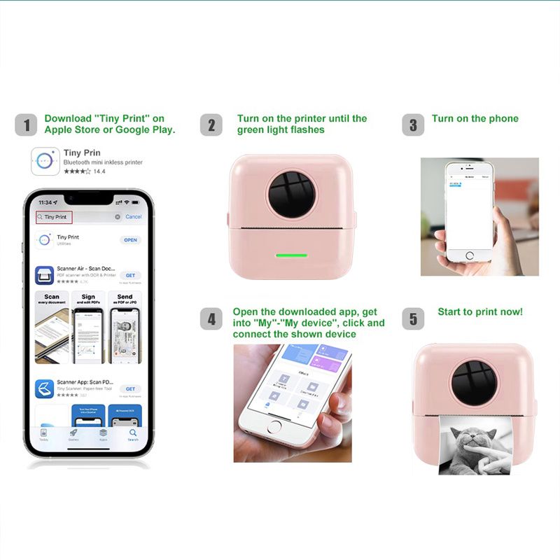 Mini kieszonkowa drukarka Bezprzewodowa drukarka termiczna BT, Mini drukarka fotograficzna z 11 rolkami na prezent Notatki do nauki Praca Zdjęcie Zdjęcie Memo_voghion.com