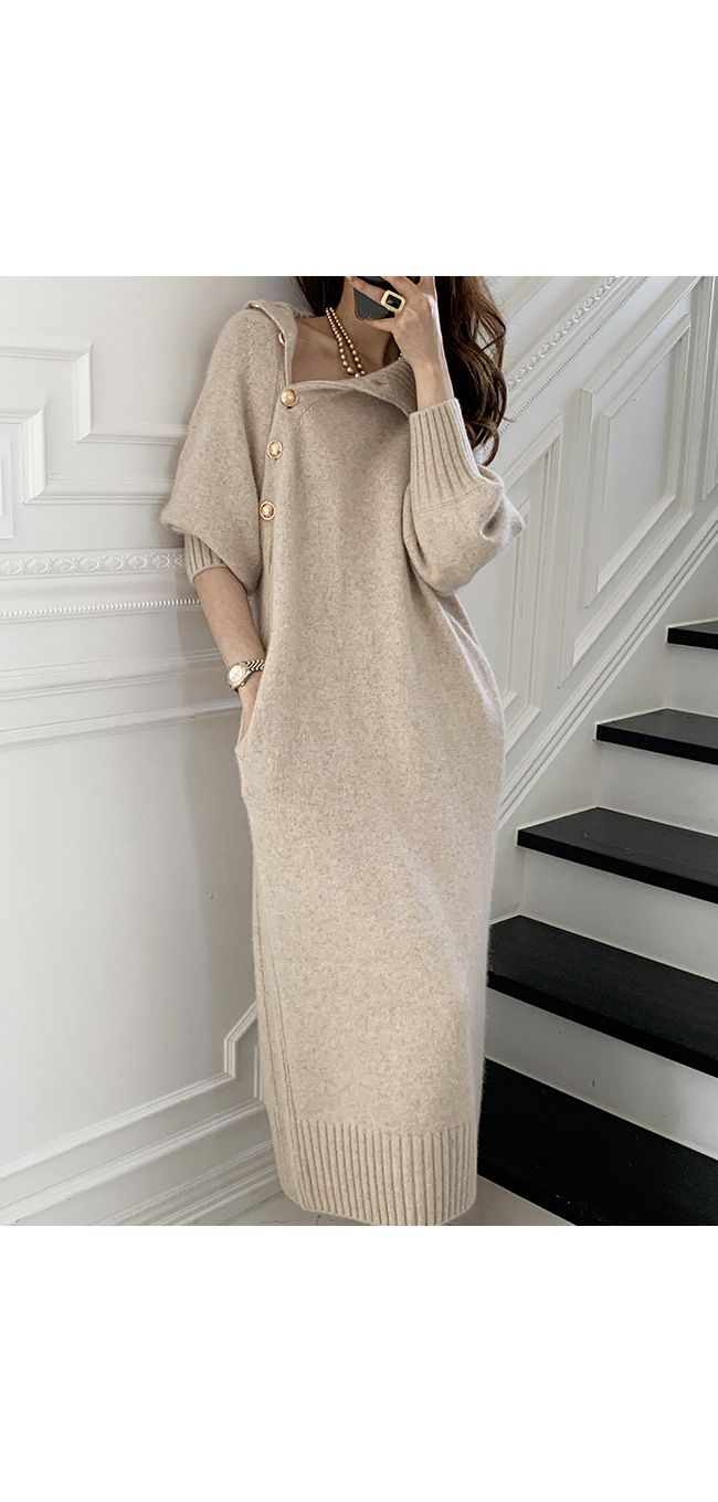 Damen-Pulloverkleid mit Rollkragen, über dem Knie, zweiteilig, Strickkleid mit Schnürung und Taille_voghion.com