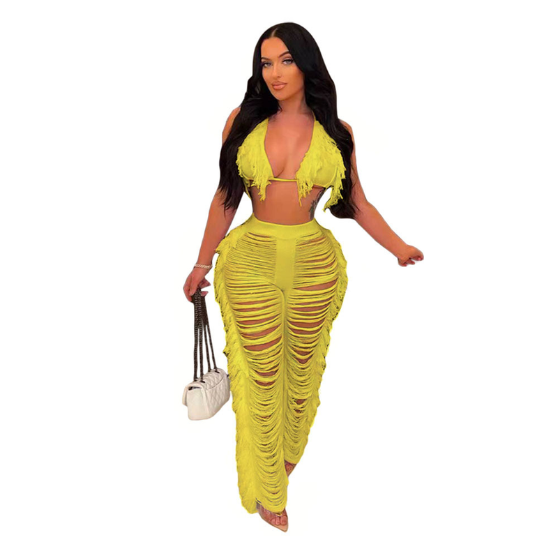Audday TS1193 New Women's Solid Color Bikini Tassel Knitted Beach Shorts Set_voghion.com