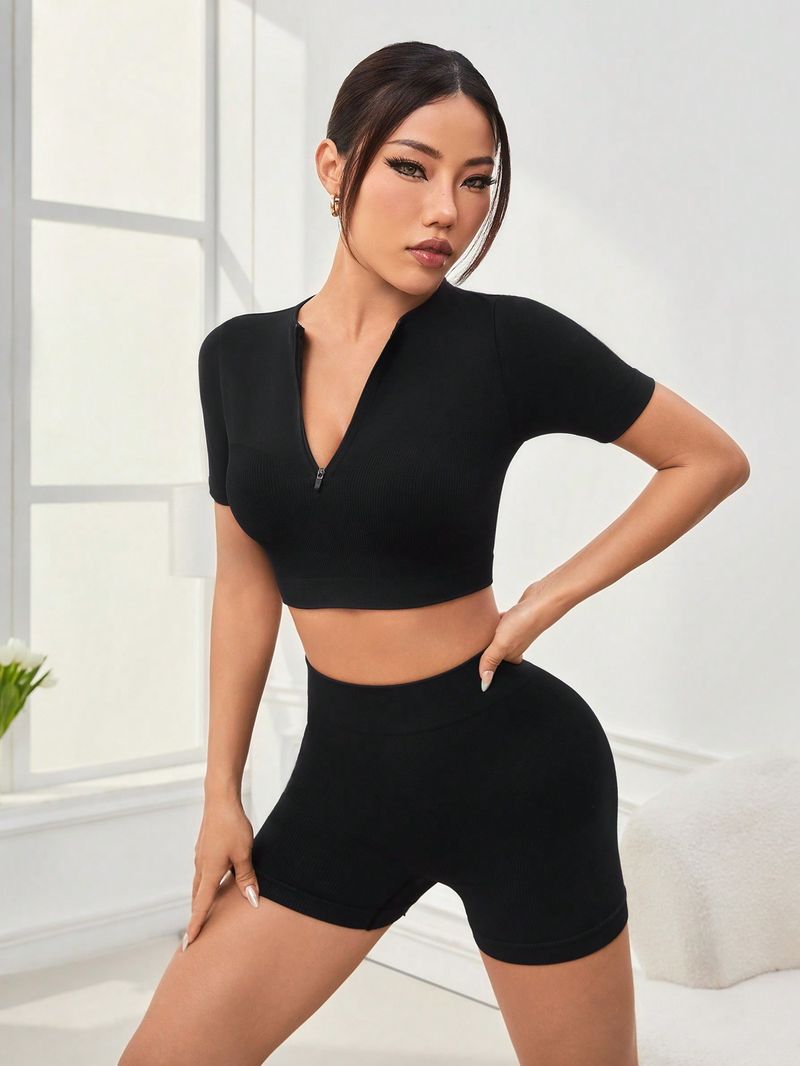 DFYNE Short de sport décontracté côtelé alternatif à manches courtes pour femme_voghion.com