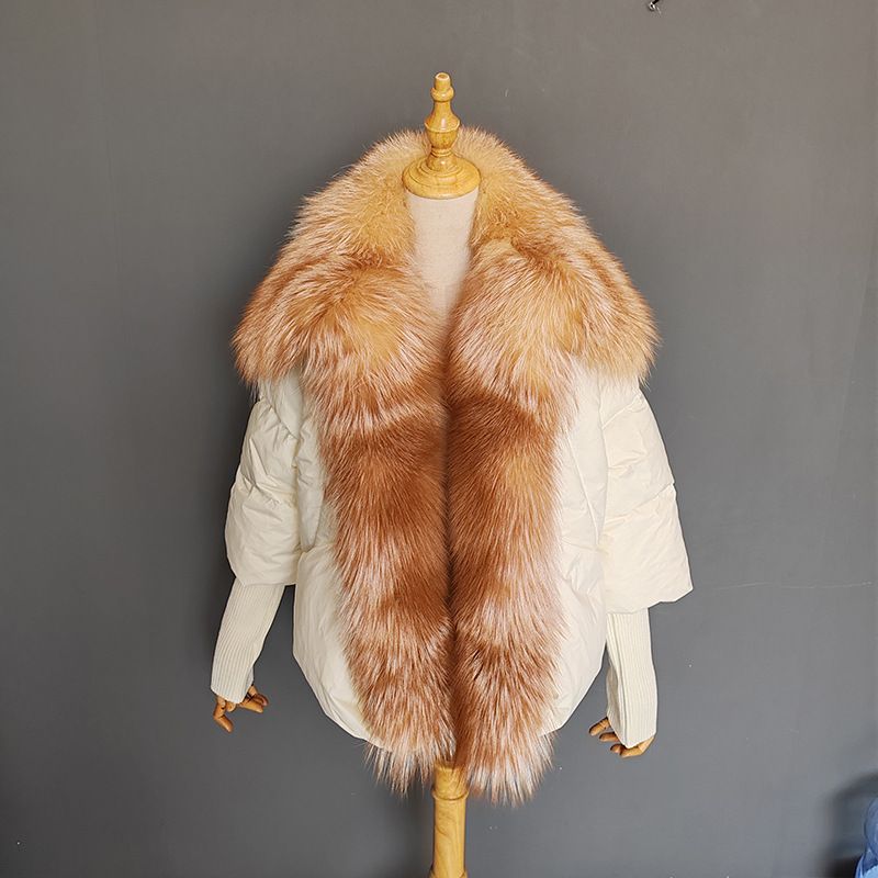 Damenbekleidung Winter Warm Echt Fuchspelz Große Pelzkragen Knopfleiste 90 Weiße Ente Warme Jacke Jacke_voghion.com