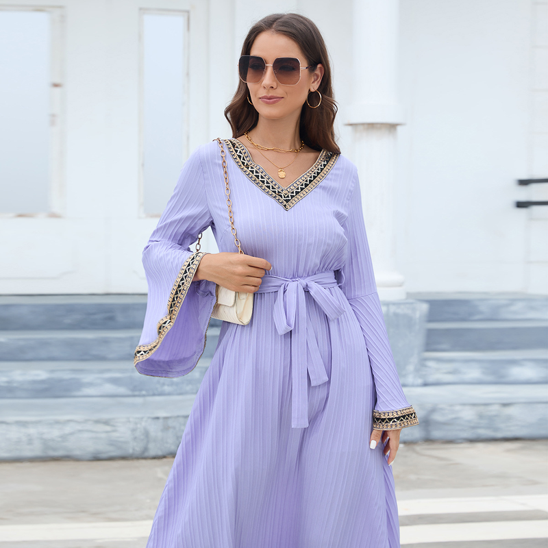 Women's long-sleeved dress sky blue new v-neck Muslim long dress with waist and elegant dress_voghion.com