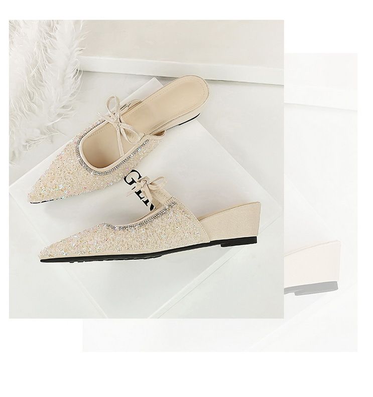 Sandali con tacco in pelle verniciata, francesine, a punta, con strass, punta chiusa, con fiocco, paillettes, senza schienale, scarpe da donna comode e versatili, sabbia_voghion.com