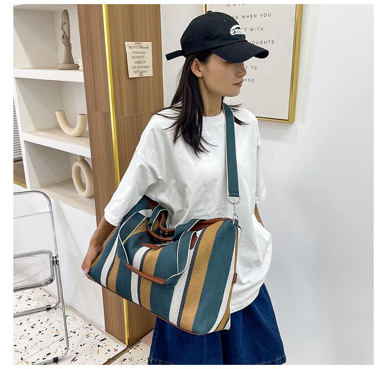 Reisetaschen Neue gestreifte Kurzstrecken-Reisetasche für Damen aus rauem Canvas, Handgepäcktasche, große Kapazität, Schulter-Umhängetasche_voghion.com