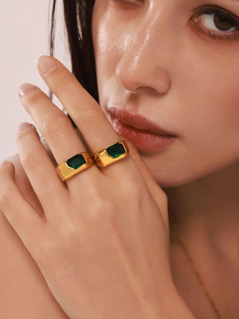 Square Sugar Exaggerated Green Zircon Ring Finger Ring Female Stainless Steel Ins Temperament Open Ring_voghion.com