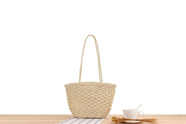 Borsa a tracolla retrò in paglia semplice e di colore puro, borsa casual in corda di carta e asciugamano di seta alla moda_voghion.com