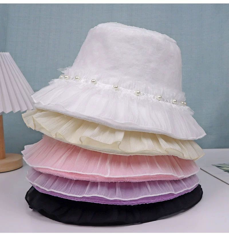 Pearl Mesh Pleated Fungus Edge Hat Women's Wide-brimmed Bucket Hat Outing Basin Hat Summer Breathable Sun Hat_voghion.com