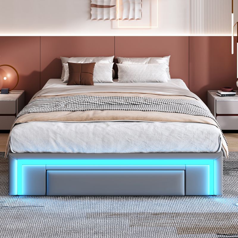 Bettgestell 140x200cm Con Schubladen, LED, Metalllatten, Grau_voghion.com