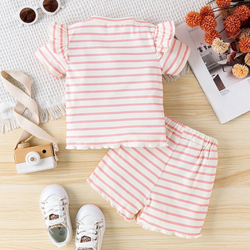Set estivo per bambine, top a righe con scollo rotondo, maniche corte, patchwork, maniche a palloncino, pantaloncini con bordo ondulato_voghion.com