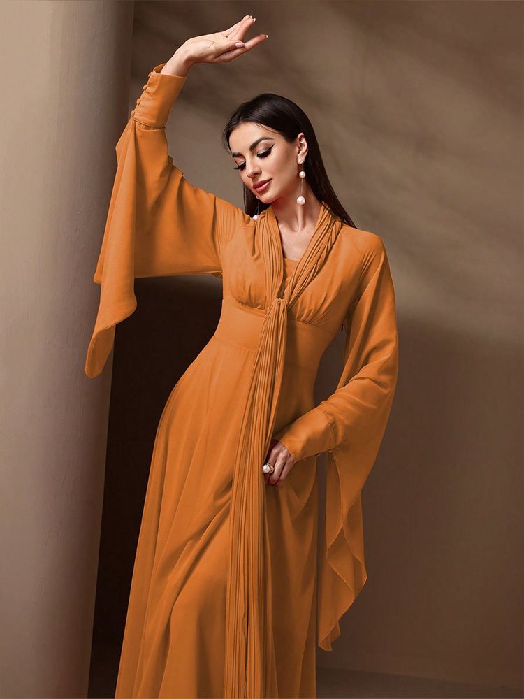 Women's Elegant Chiffon Maxi Dress With V-Neck, Lantern Sleeves & Ruffle Trim - A-Line High Waist Party Gown For Wedding, Evening Occasions (Orange)_voghion.com