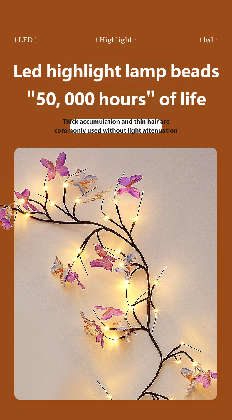 Luce LED flessibile a forma di rattan, farfalla, fiore, foglia, decorazione d'interni, decorazione da parete, luce d'atmosfera romantica_voghion.com