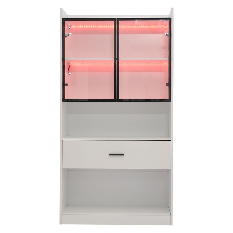 Armoire à curiosités lumineuse, étagères de rangement avec portes vitrées escamotables, grand tiroir et éclairage LED 16 couleurs, vitrine pour objets de collection, bibliothèque de salon, blanche avec cadre noir._voghion.com