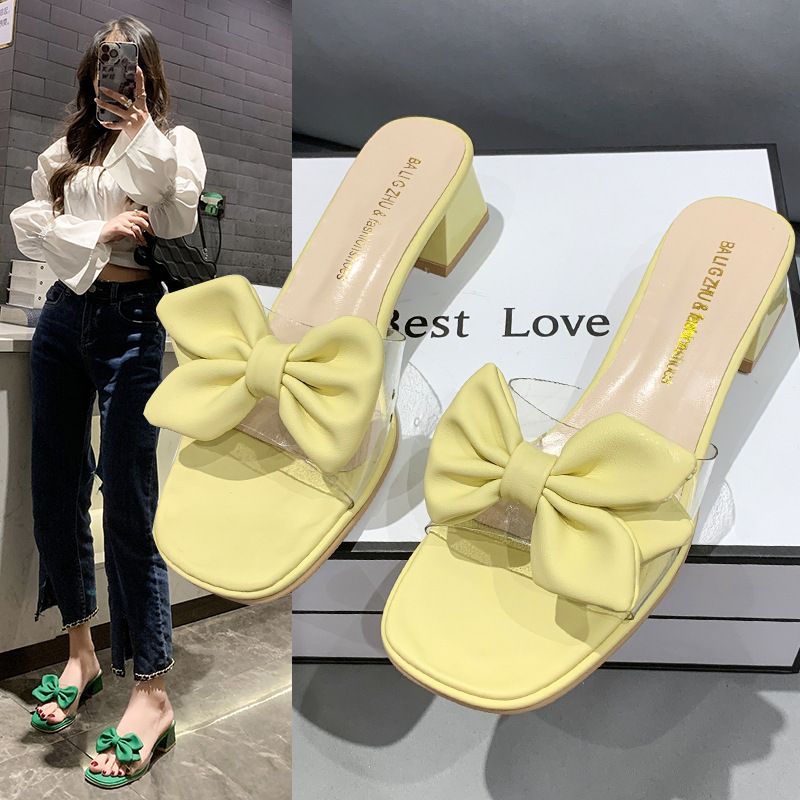 Damen-Sandalen mit dickem Absatz, eckiger Zehenpartie, Frühjahr 2022, neue Feen-Optik mit Schleife, lässige Hausschuhe für draußen, ideal für Umkleidekabinen._voghion.com