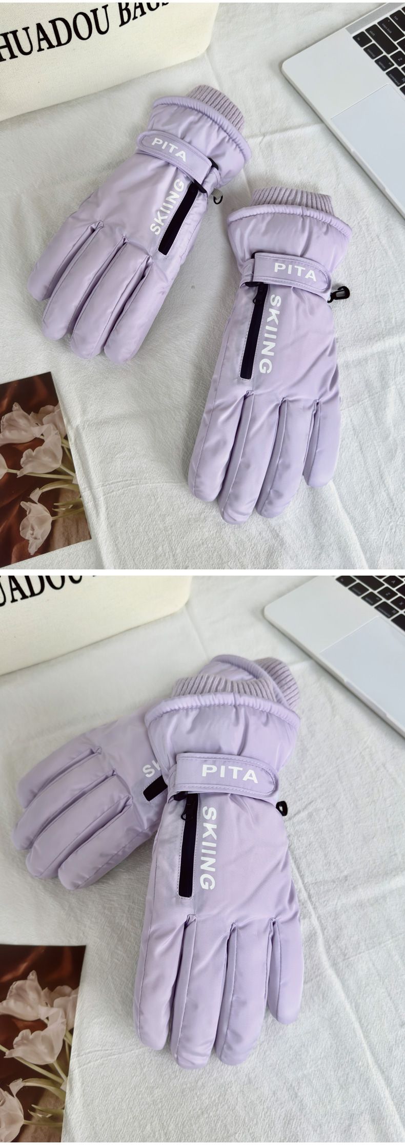 Guanti da sci touchscreen a palmo intero da donna in pile con cerniera spessa, per ciclismo invernale, bici elettrica, antifreddo e antivento_voghion.com