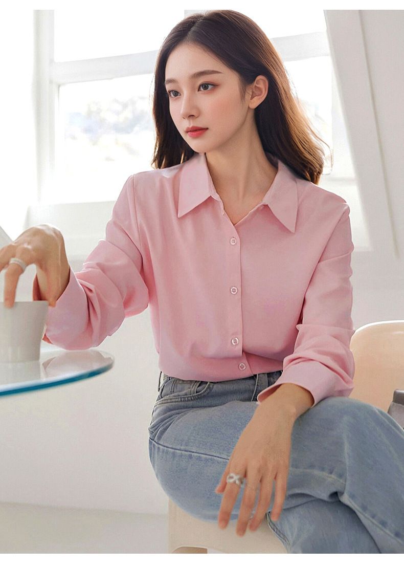 Fließendes Langarm-Poloshirt für Damen – Slim Fit, lässige Bluse für Arbeit und Alltag (Weiß, Schwarz, Pink, Beige, Blau, Marineblau)_voghion.com