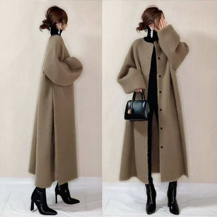 Inspired Oversized Wool-Blend Coat - Single-Breasted Long Trench With Notched Collar, Polyester Twill Fabric For Effortless Minimalism_voghion.com