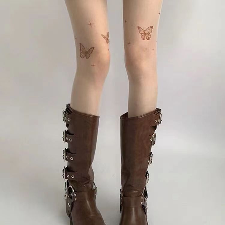 Neue weiße Strümpfe aus reinen Anti-Haken-Strümpfen für Damen im Frühjahr und Herbst mit schwarzem Schmetterlings-Tattoo-Druck, Strumpfhosen-Leggings_voghion.com