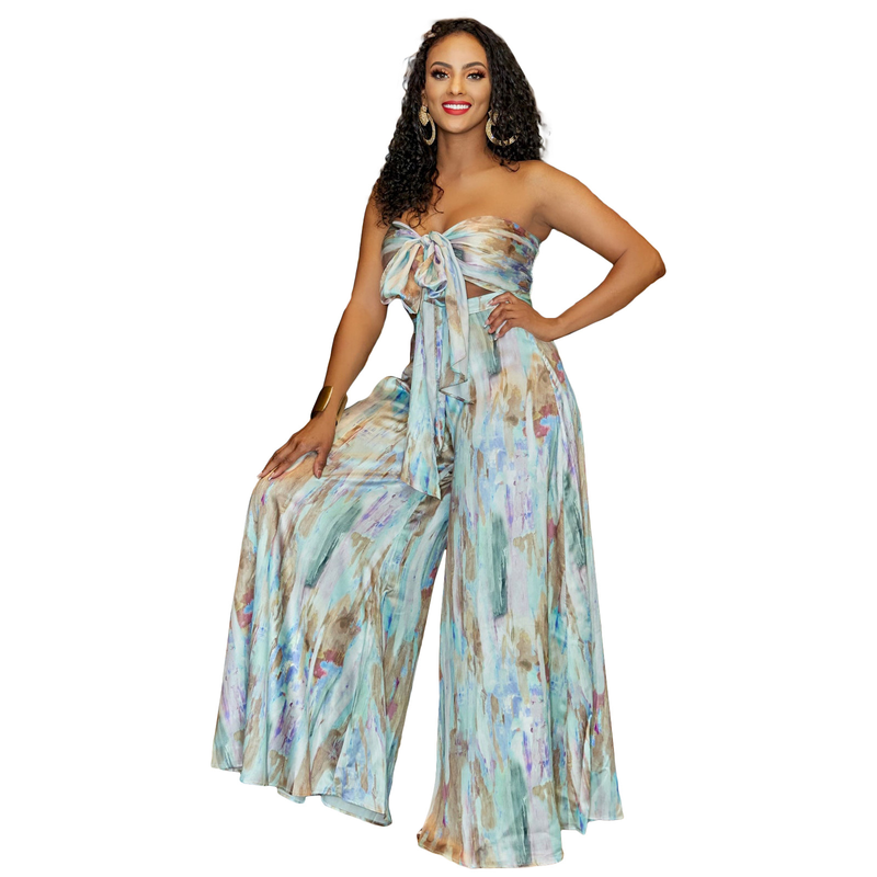 Conjunto de dos piezas con pantalón ancho y parte superior de tubo con estampado pintado y ombligo al descubierto para mujer_voghion.com