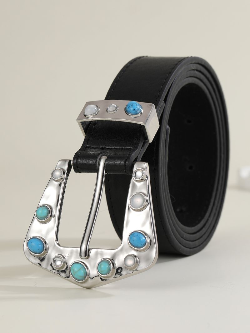 Neuer europäischer und amerikanischer Gürtel für Damen, cooler, vielseitiger Jeansgürtel im Instagram-Stil mit eingelegten blauen Edelsteinen im Vintage-Stil_voghion.com