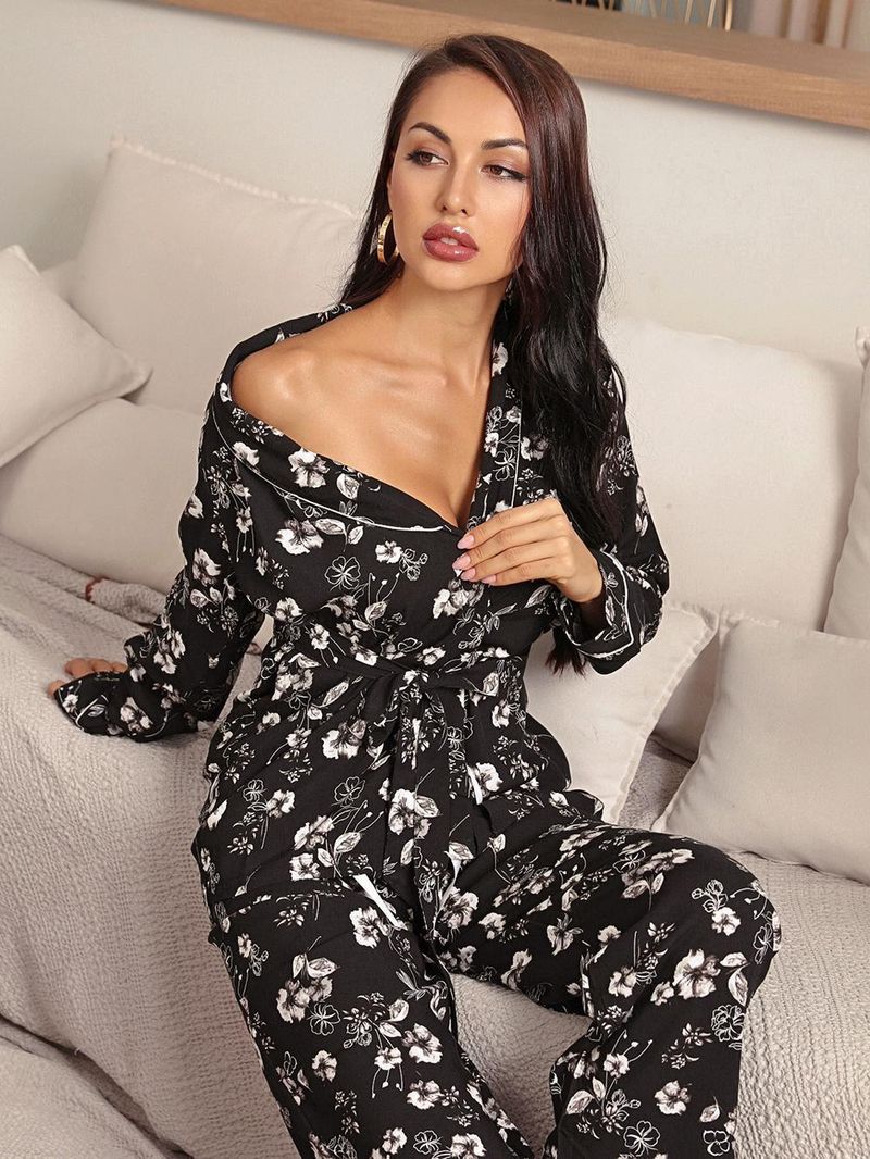 Homewear Herbst Winter Ärmel Krawatte Robe Lange Hosen Zweiteiliger Pyjama für Frauen_voghion.com