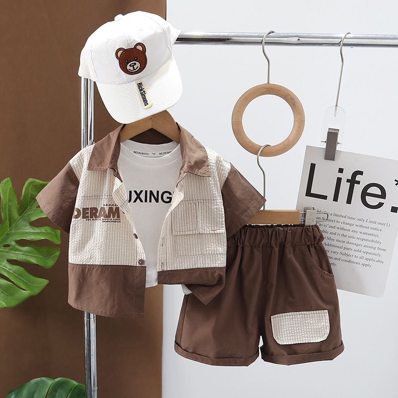 Camisa colorida de verão 2024 para meninos, manga curta, shorts casuais para bebês, conjunto de três peças da moda_voghion.com