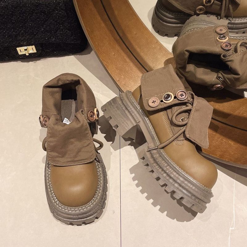 ShoeGlobe 2025 New Retro Women's Martin With Turn-down Collar, Two-Way Wear, Button Closure, Yellow Work Boots, Thick-Soled_voghion.com