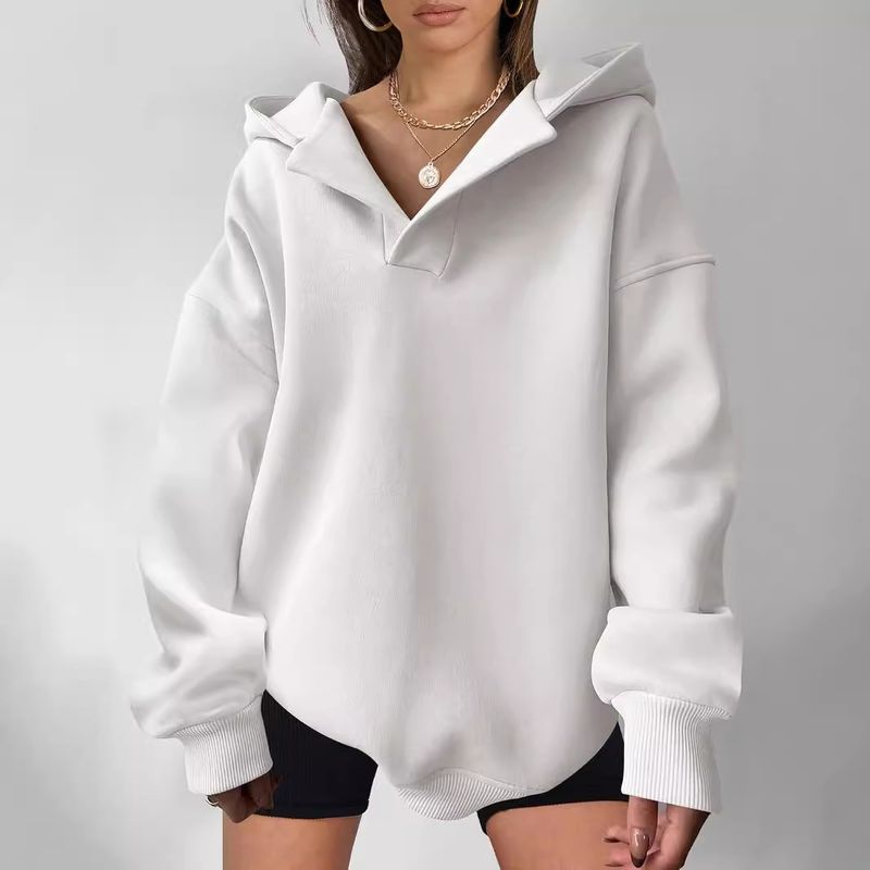 Women's Clothing Sweatshirt Solid Color Long Sleeve Hooded Solid Color Loose Sweater Women's Top_voghion.com