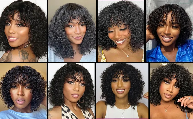 Bouncy Water Wave Bob Wig with Bangs Natural Black Comfortable Daily Use_voghion.com