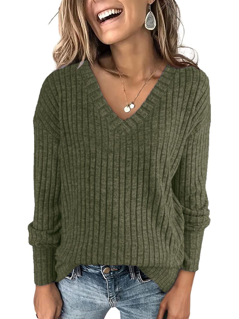 K Women's Long-sleeved V-neck Ribbed Brushed Knitted Top T-shirt_voghion.com