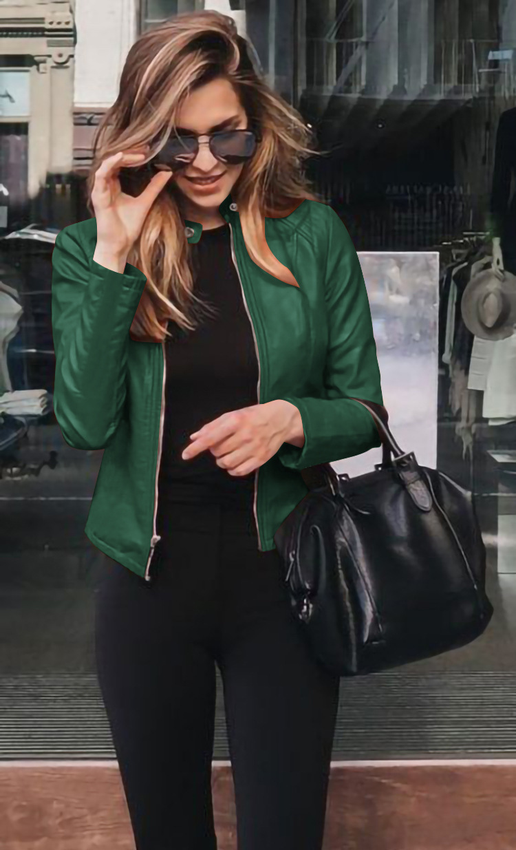 Spring Autumn Oversized Stand Collar Fashion Zipper Jacket Ladies Slim All-match PU Leather Coat Top Women Solid Color_voghion.com