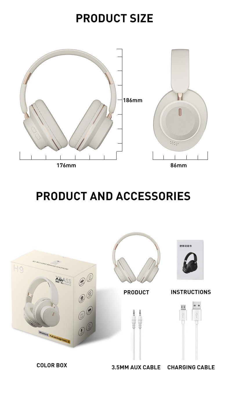 Bluetooth Headphones New H9 Head Mounted Bluetooth Headset Wireless Foldable Sports Ultra Long Battery Life Game Heavy Bass Headset_voghion.com