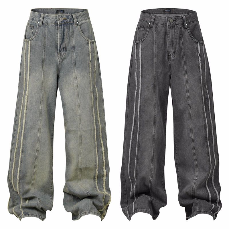 Muška odjeća Modni brend Krojenje Raw Edge Bar Design Isprane stare rupe Izlizane bijele široke nogavice High Street trend muške traperice_voghion.com