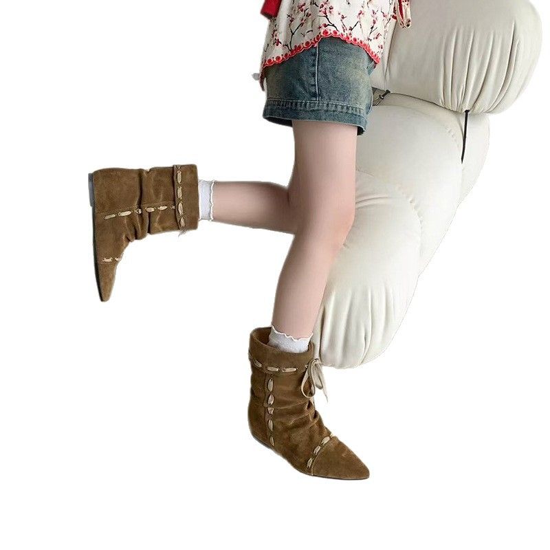 Kurze, spitz zulaufende Stiefelette für Damen, Herbst- und Wintermodell, versteckter Keilabsatz, Schnürung, Western-Cowboystiefel der Nische_voghion.com