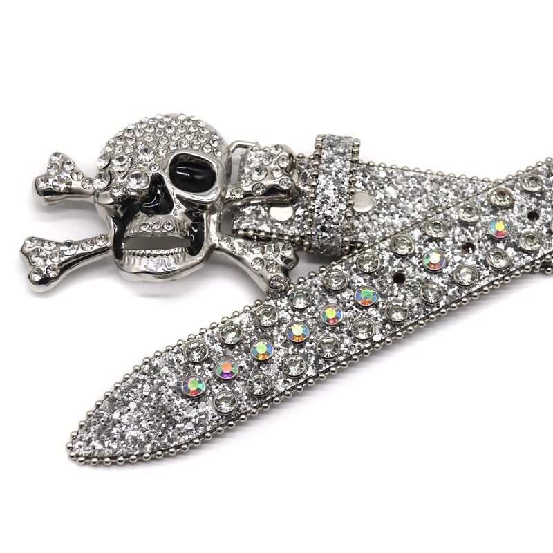 Silver Skull Head with Men's Inlaid Rhinestone Belt Personalized Hip Hop Punk Style_voghion.com