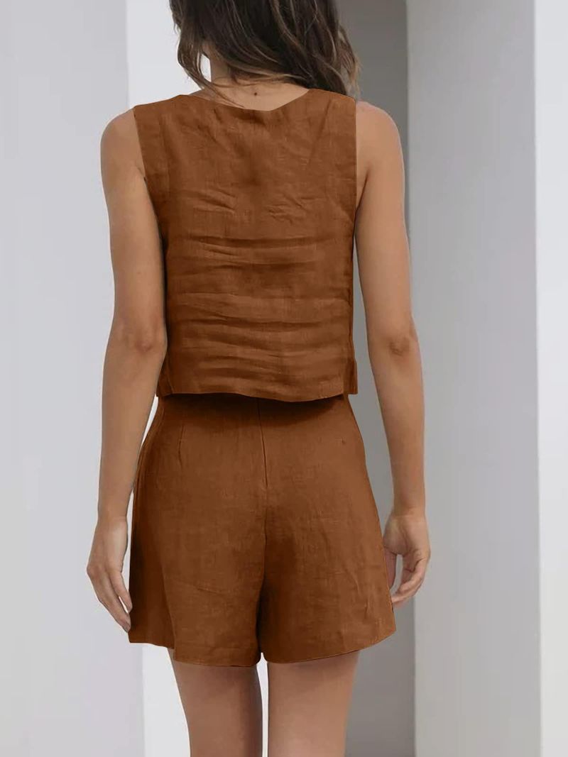 Abito casual da donna in 2 pezzi, pantaloncini di lino, gilet senza maniche_voghion.com