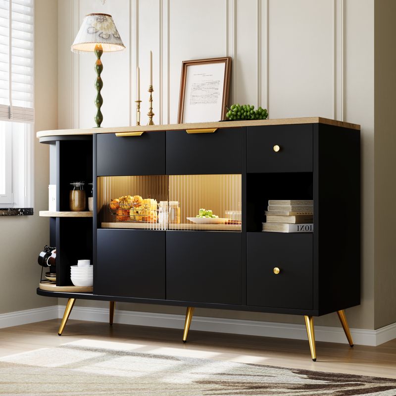Sideboard Schwarz Mit Glasschiebetüren, LED-Leuchten, Holzanrichte_voghion.com