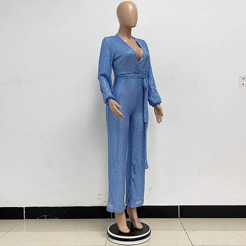 Damkläder Ins Style Deep V Mode Casual Jumpsuit Långärmat Bälte Paljett Jumpsuit Dam_voghion.com