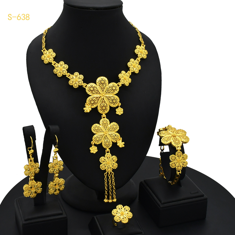 Saoedi-Arabië gouden sieraden Afrikaanse bruid ketting oorbellen ring armband Indiase dames sieraden set_voghion.com