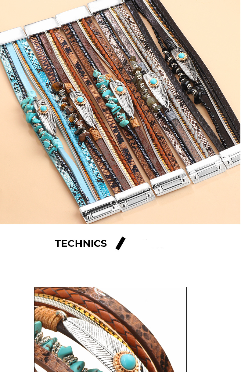 Bracelet rétro en plumes pour femme, bijou tendance, bleu turquoise, cuir multicouches_voghion.com