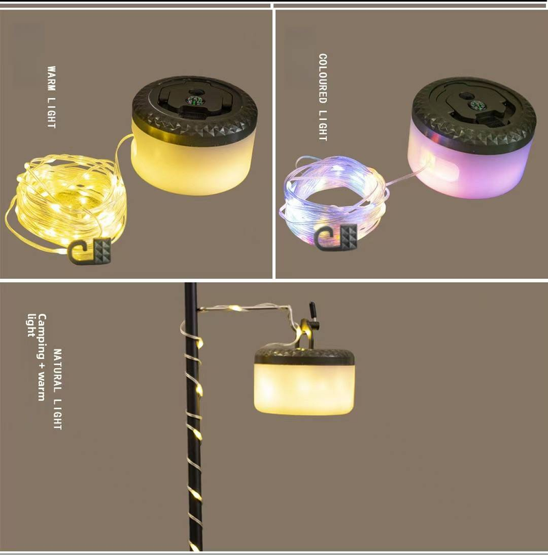 Cordão de luzes de acampamento à prova d'água de 10 m com 100 LEDs, carregamento USB tipo C, armazenamento em carretel IP65, modos quente e colorido para áreas externas, barraca, jardim, festa_voghion.com