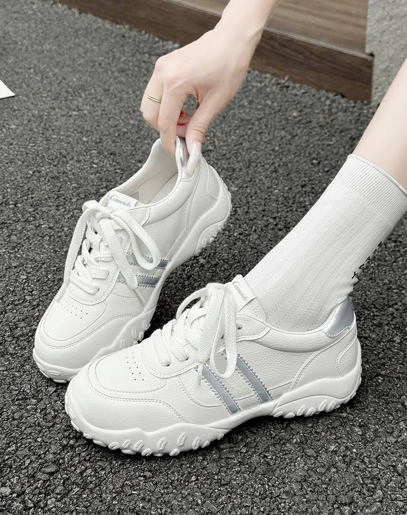 Cameido Women's Casual Sneakers - Round Toe, Rubber Sole, 3CM Platform, Beige & Silver Color With Faux Leather & Velvet Trim_voghion.com