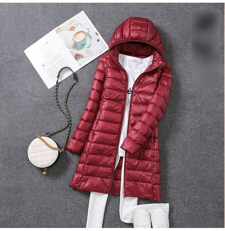 Women's Lightweight Down Jacket - Detachable Hood Mid-Length Coat With White Duck Feather, Slim Fit & Stylish For Everyday Wear_voghion.com