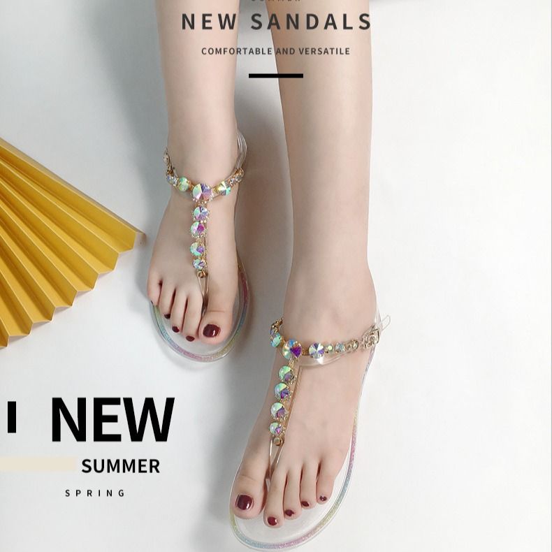 Sandali estivi trasparenti con fondo piatto in PVC da donna, casual, da spiaggia, con cristalli_voghion.com