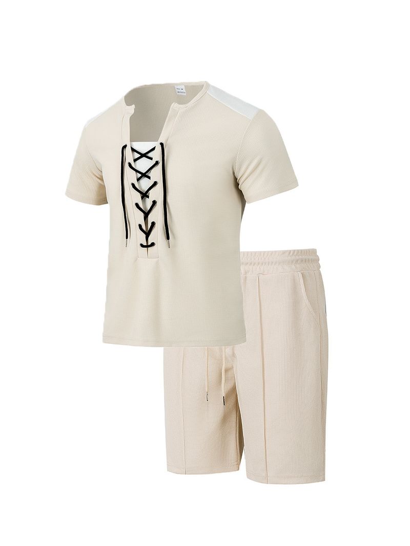 Ensemble décontracté 2 pièces pour homme : short à cordon et t-shirt à col rond | Tenue d'été à manches courtes_voghion.com