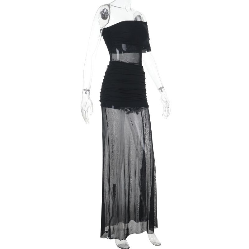 Abito bustier con pannello in rete trasparente e vita arricciata - Gonna midi fluida per donna, abbigliamento casual e per feste estive_voghion.com