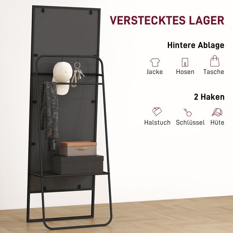 Ganzkörperspiegel Mit Industriellem Design, Hinteres Regal, 2 Haken, Schwarz_voghion.com
