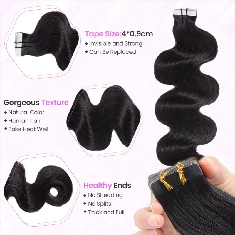 Extensiones de cabello humano Remy con cinta adhesiva para mujer, color negro natural_voghion.com