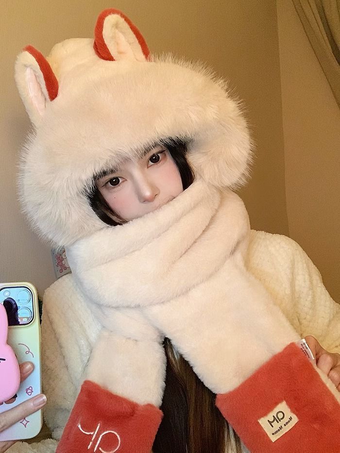 Ensemble bonnet, écharpe et gants intégrés, écharpe en peluche mignonne, écharpe chaude d'extérieur trois en un_voghion.com