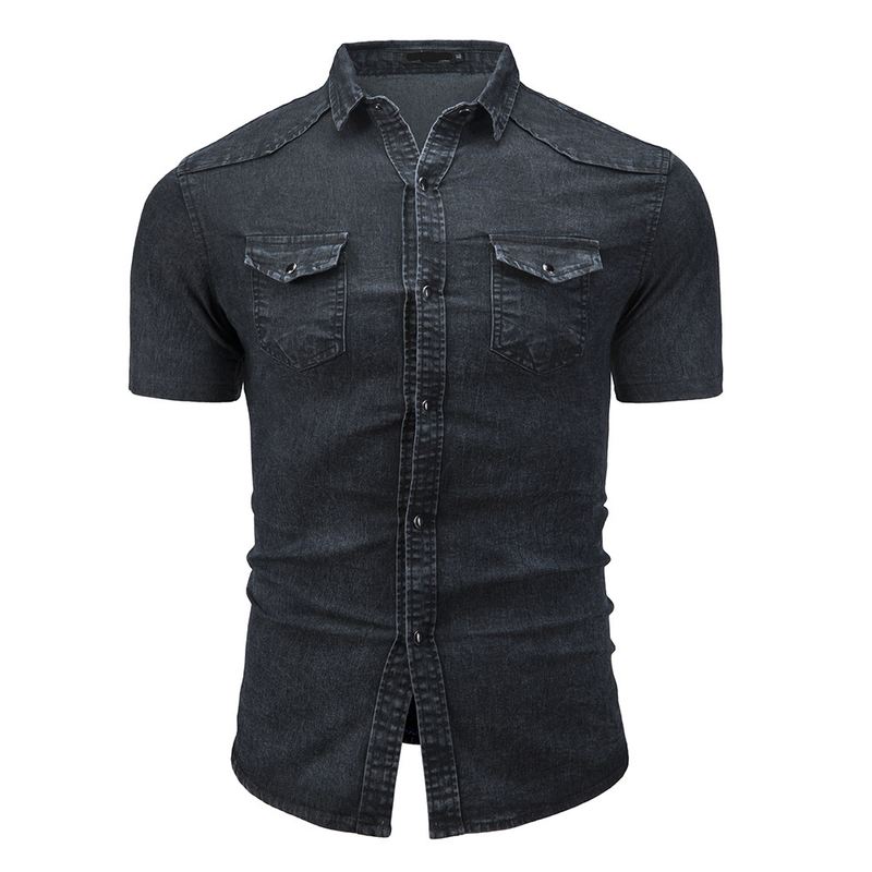 Man's clothing Men's denim short sleeve shirt Double pocket short sleeve shirt_voghion.com