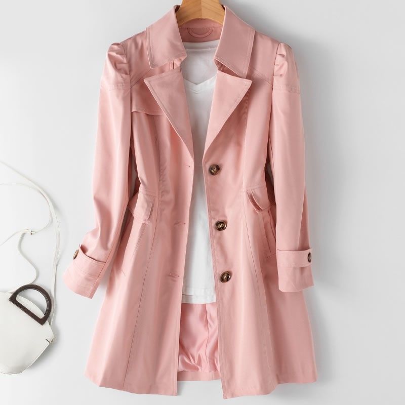 Trench slim fit da donna, giacca casual a maniche lunghe di media lunghezza con colletto a revers (cachi, rosa, nero, beige)_voghion.com